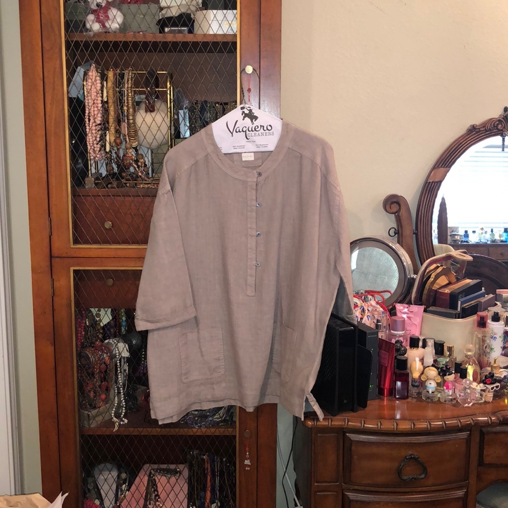 Poetry Taupe Button-Front Linen Tunic Top